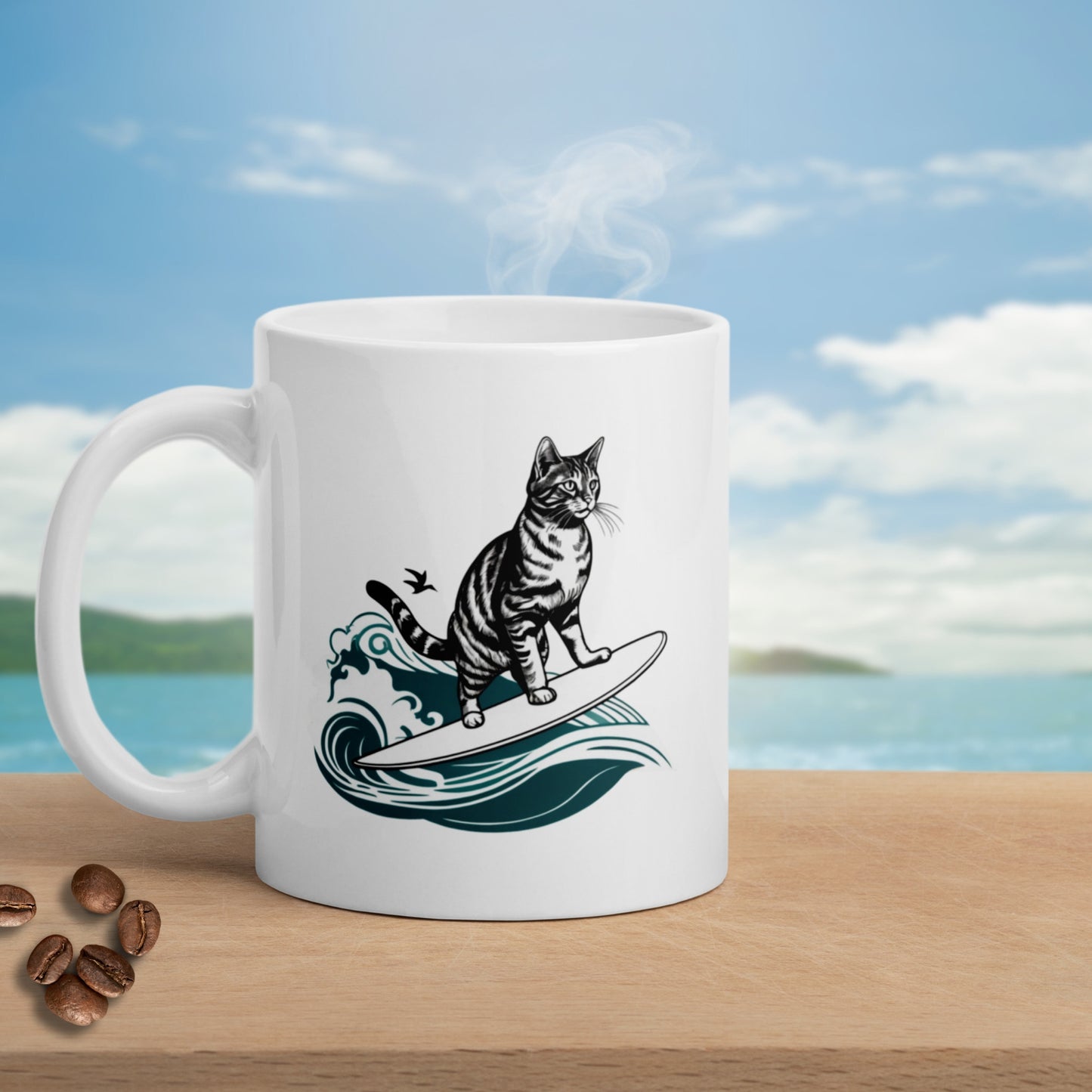 Meotastic Surfing Cat White Glossy Mug