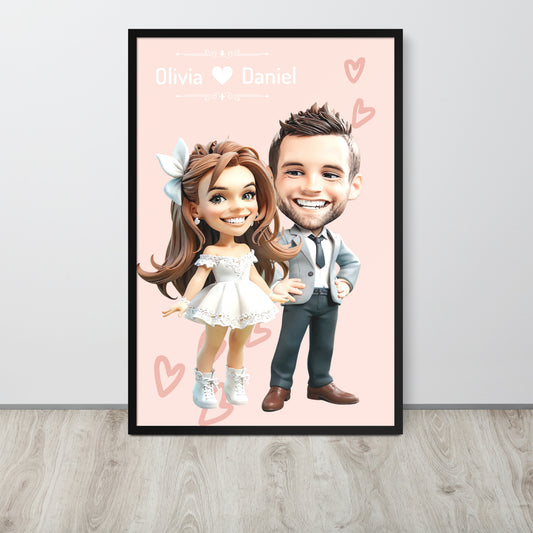 A custom cartoon portrait of a glamorous couple in elegant attire, displayed on a framed poster stand as a unique engagement gift