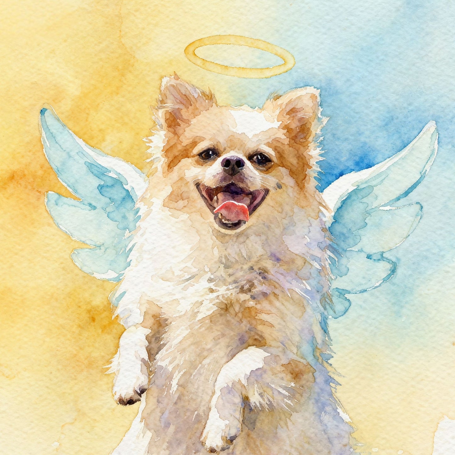 Painting of a dog with angel wings and a halo on a watercolor background