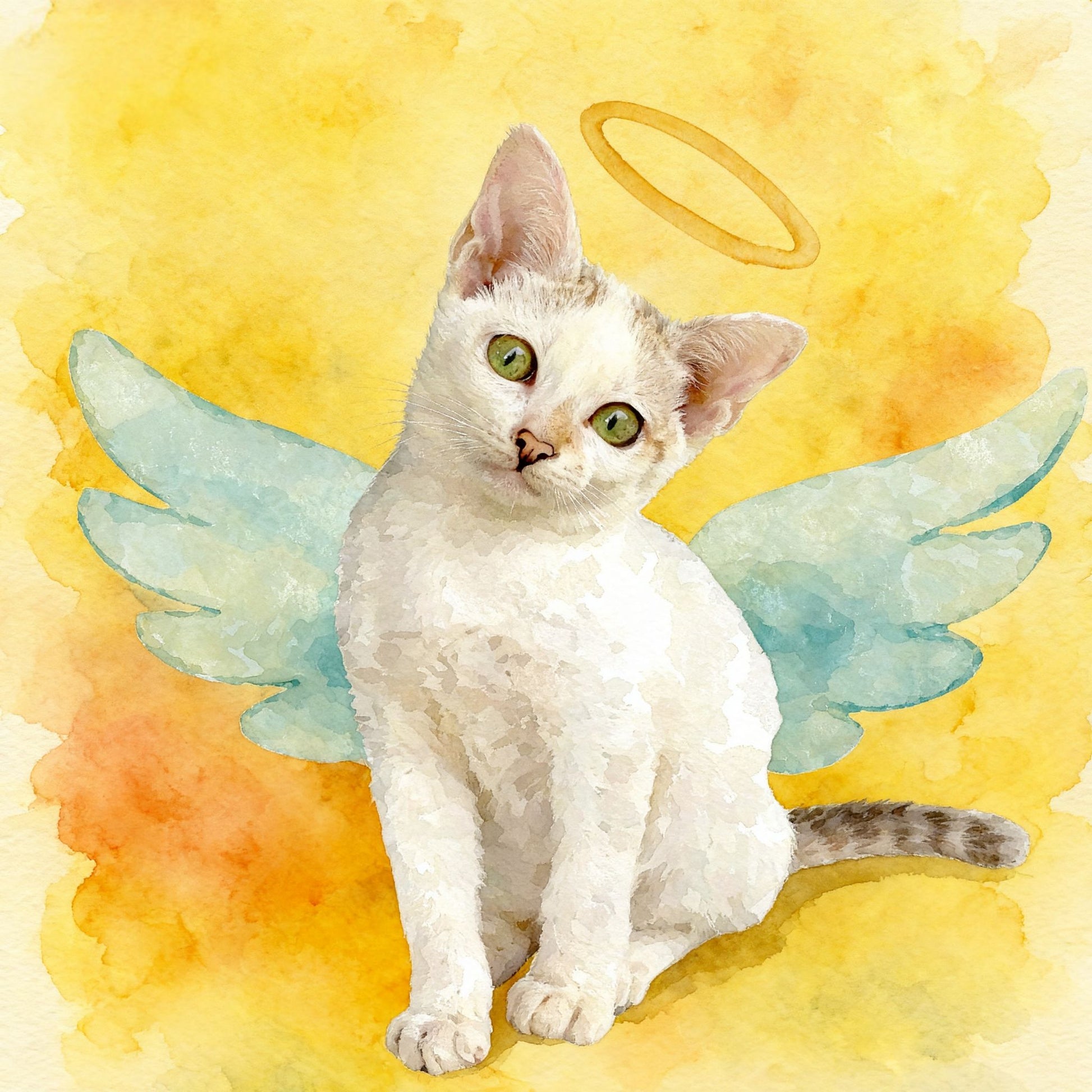 Cat with angel wings and a halo on a yellow and orange watercolor background