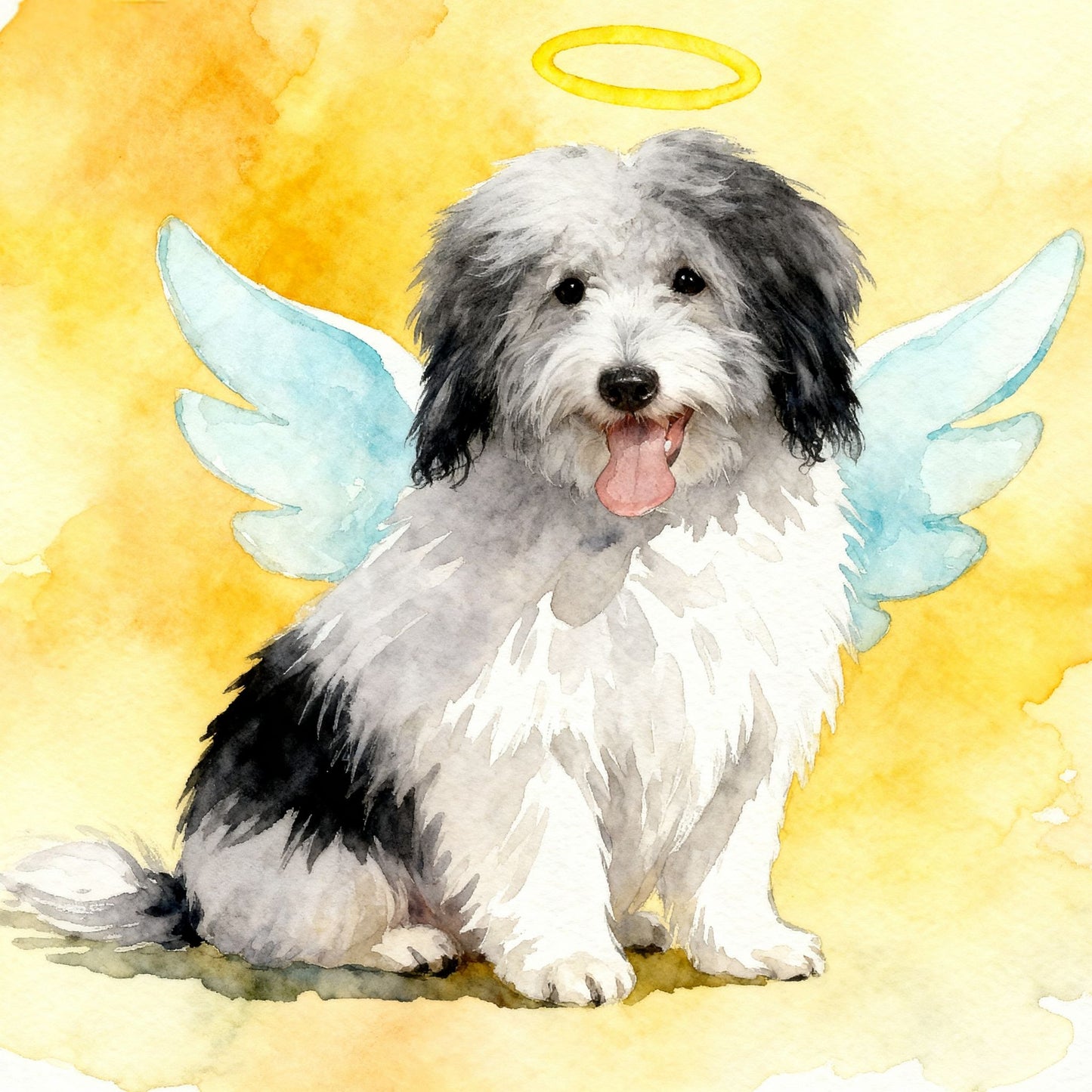 Painting of a dog with wings and halo sitting in a field with a warm, earthy color palette.