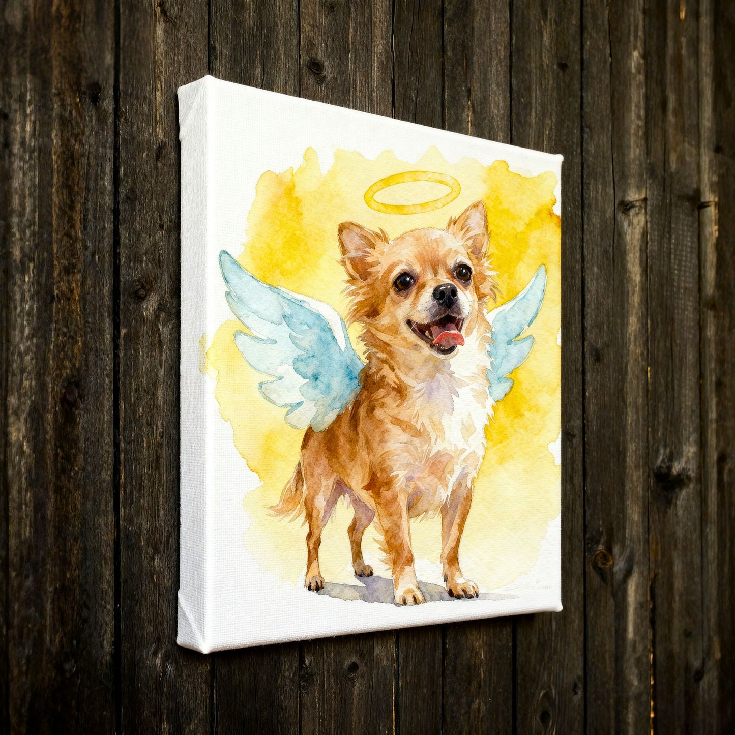 Canvas print of a dog with angel wings and a halo on a wooden wall.