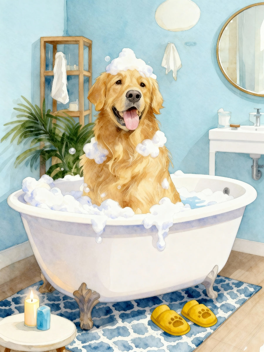 Dog in a bubble bath with a blue bathroom setting