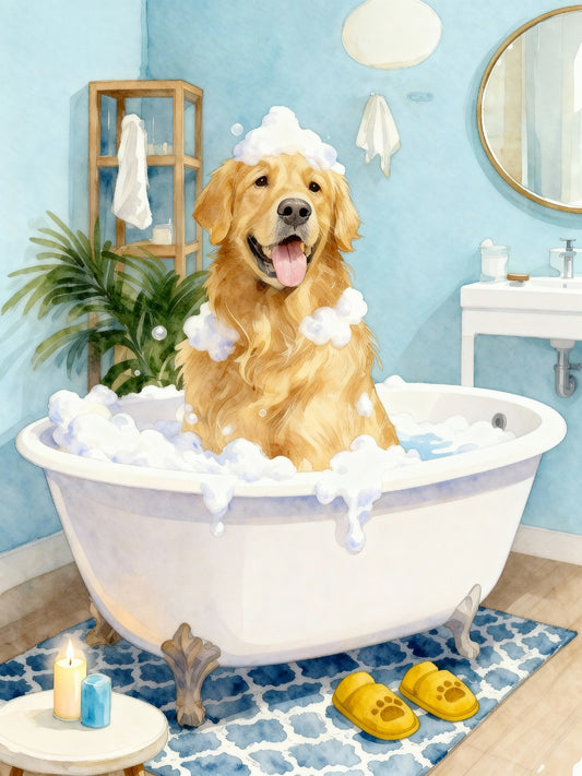 Dog in a bubble bath with a blue bathroom setting