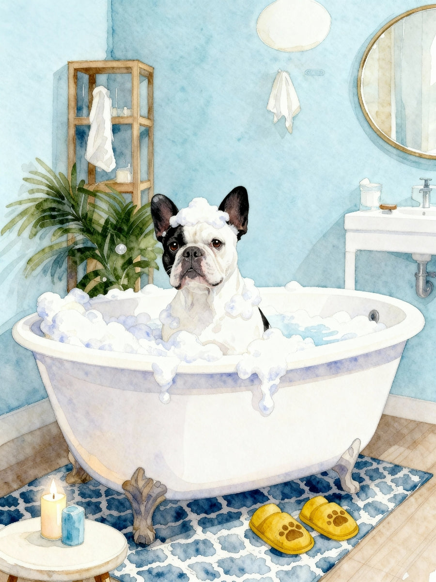 Dog in a bubble bath with a blue bathroom setting
