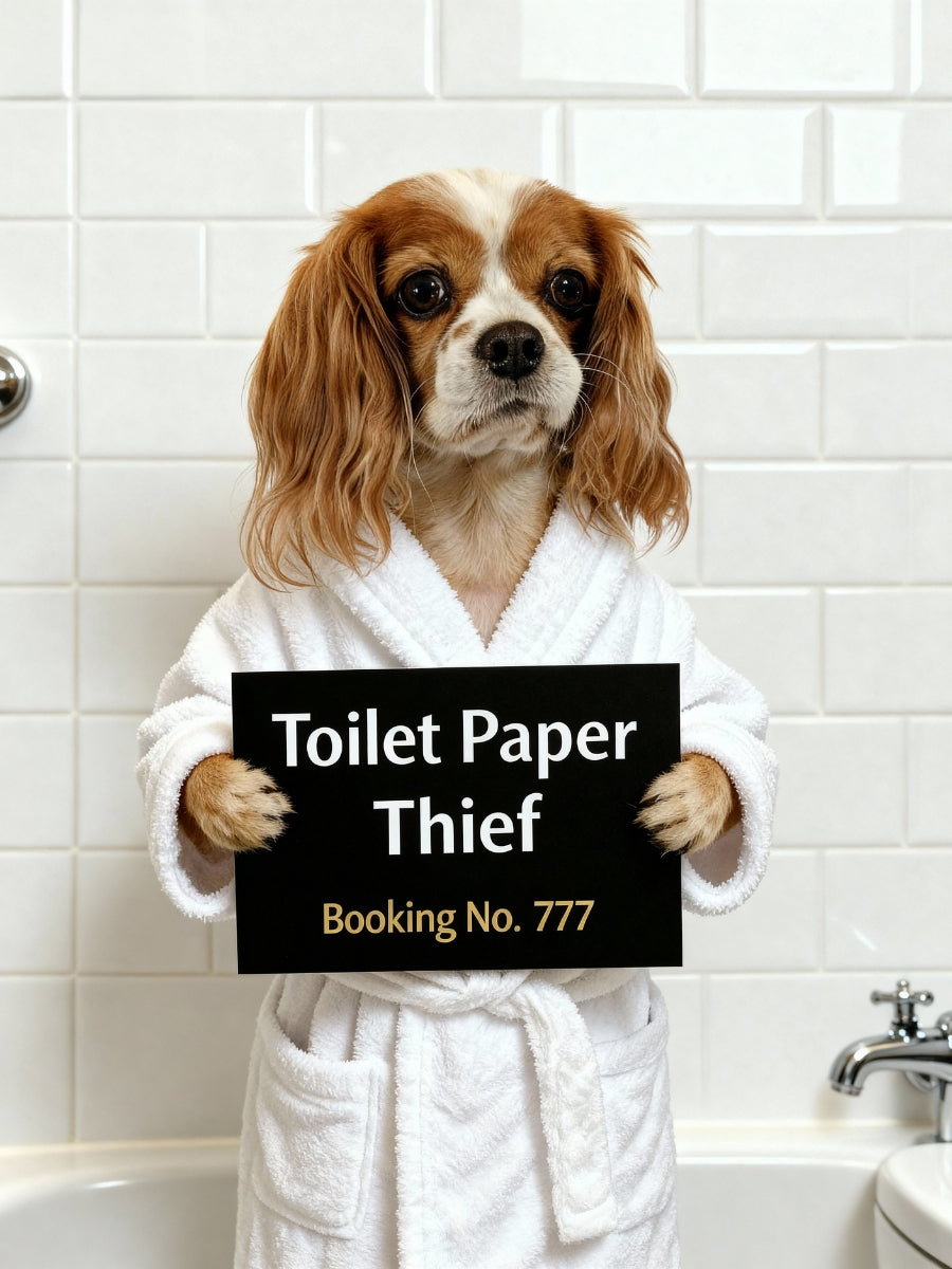 Funny personalized dog bathroom art with bathrobe and 'Toilet Paper Thief' sign – custom pet portrait for modern bathroom decor.