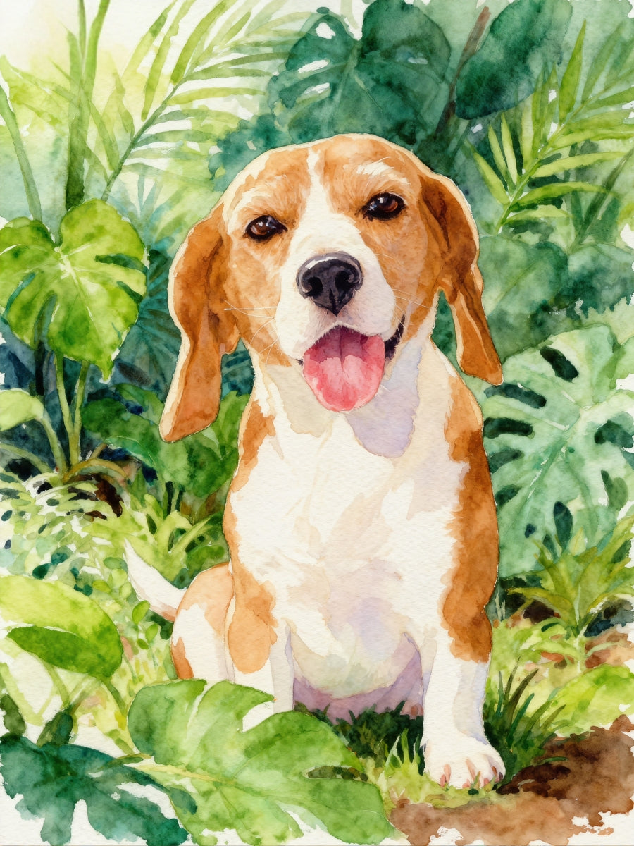 Watercolor pet portrait of a Beagle in a lush tropical setting with vibrant green leaves and a cheerful, nature-inspired atmosphere.