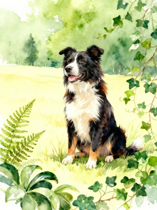 Watercolor pet portrait of a Border Collie in a lush, nature-inspired setting with greenery, ferns, and soft sunlight.