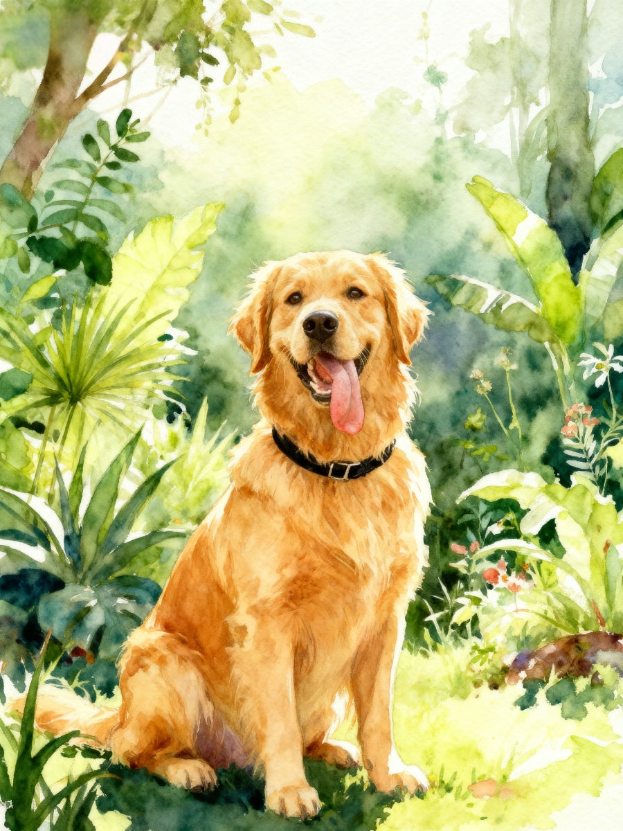 Watercolor pet portrait of a golden retriever in a vibrant garden setting with tropical plants, soft sunlight, and lush green foliage.