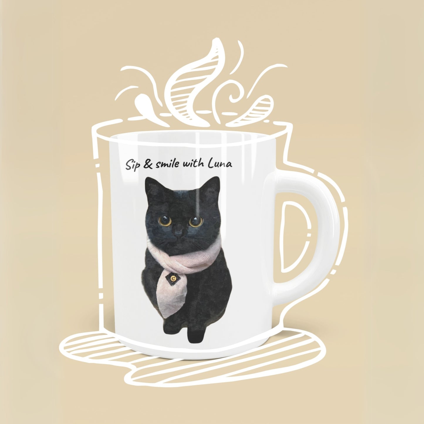 A custom mug with a black cat portrait