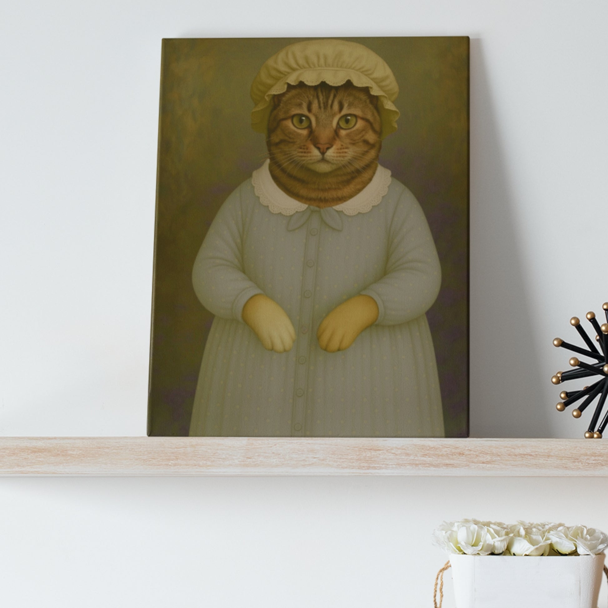 A canvas portrait of a cat dressed as Granny Wolf, elegantly displayed on a wall. The dog is adorned in vintage-style clothing with intricate details, radiating a whimsical and nostalgic charm.