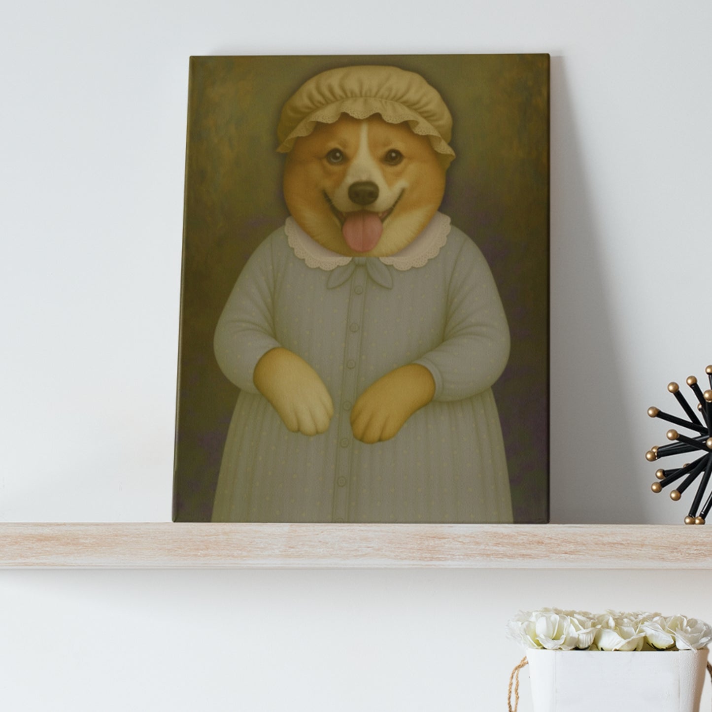 A canvas portrait of a Corgi dog dressed as Granny Wolf, elegantly displayed on a wall. The dog is adorned in vintage-style clothing with intricate details, radiating a whimsical and nostalgic charm.