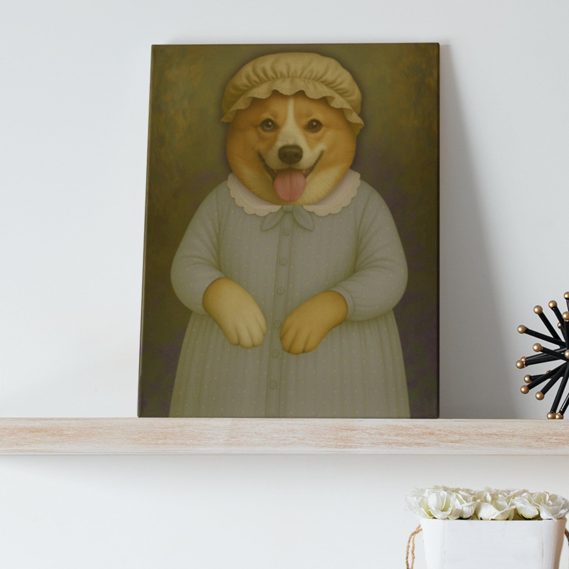 A canvas portrait of a Corgi dog dressed as Granny Wolf, elegantly displayed on a wall. The dog is adorned in vintage-style clothing with intricate details, radiating a whimsical and nostalgic charm.