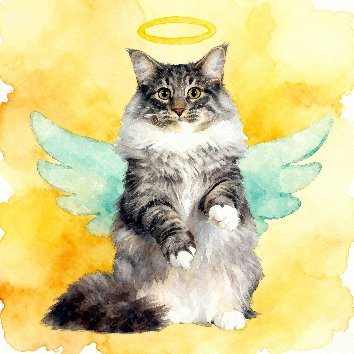 Cat with angel wings and a halo on a yellow watercolor background