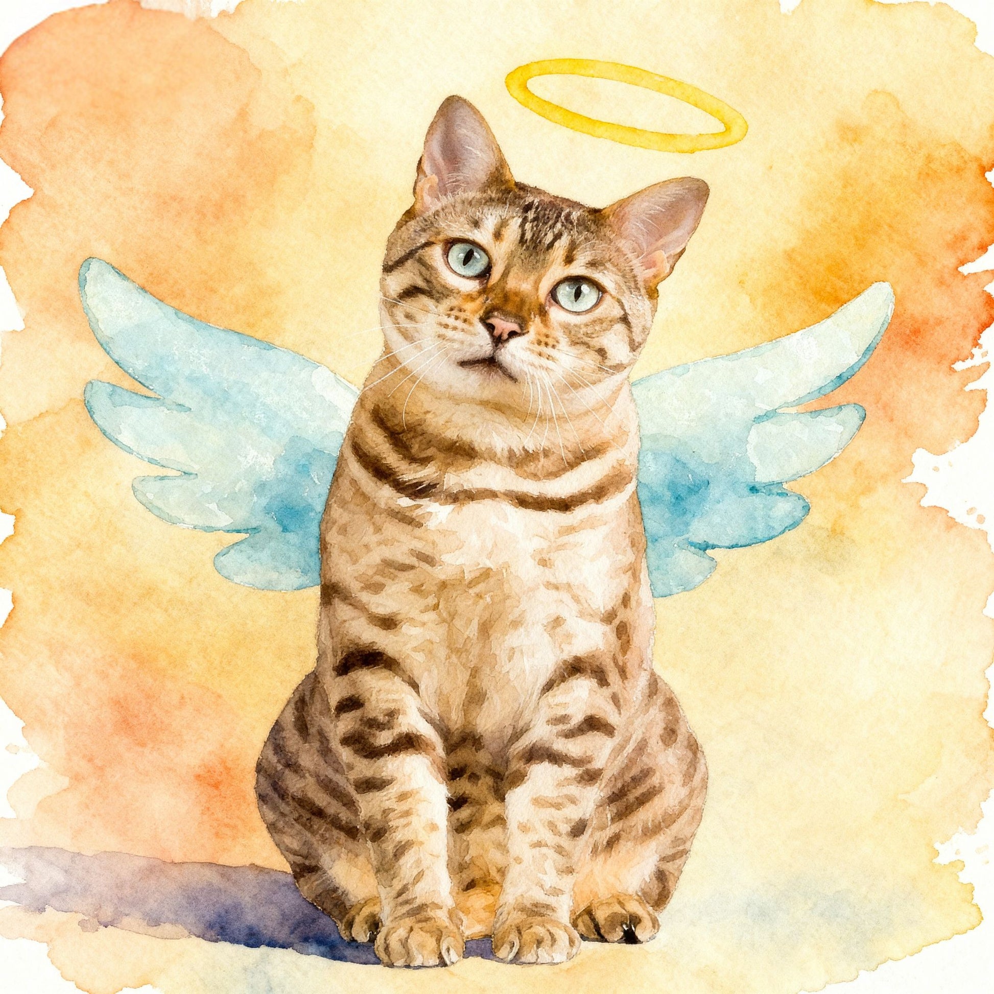 Cat with angel wings and a halo on a watercolor background