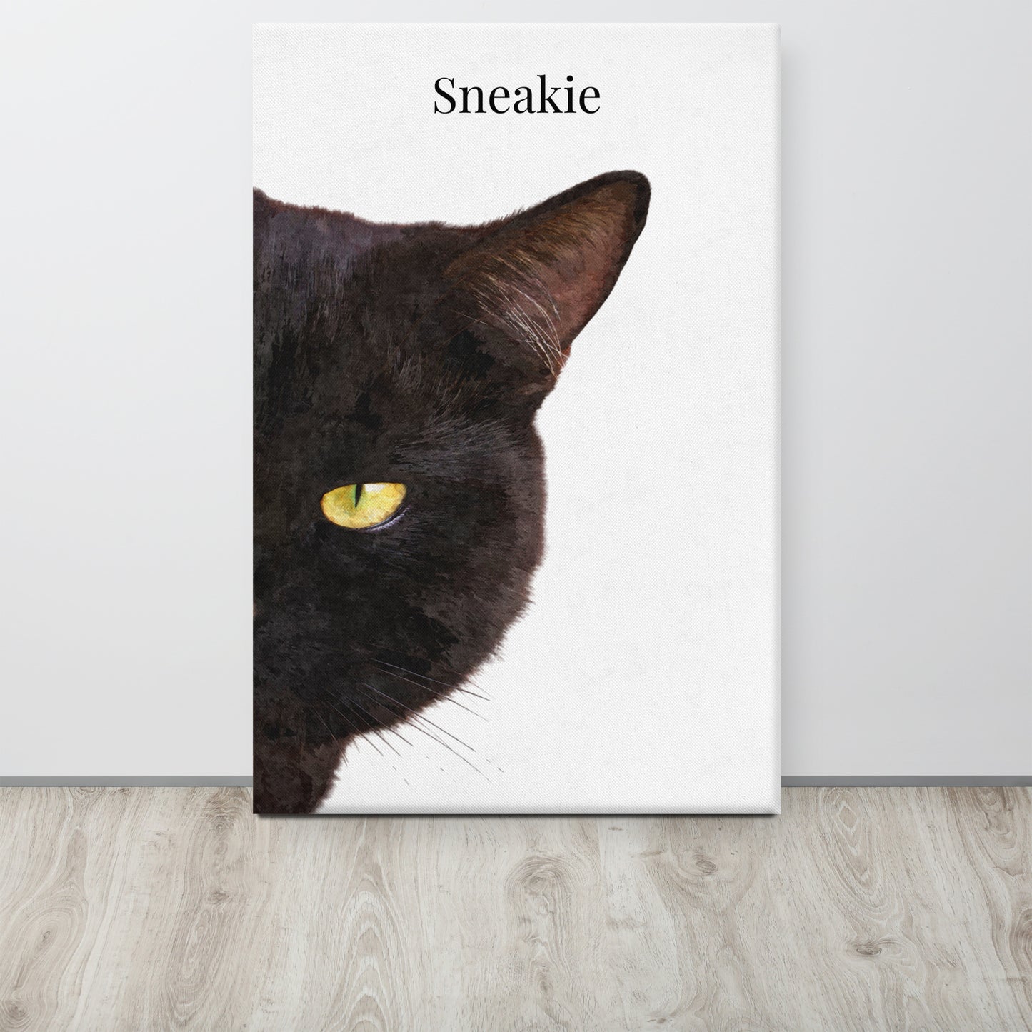 Custom cat portrait of a cute black cat portrait on canvas, with its name on the portrait.