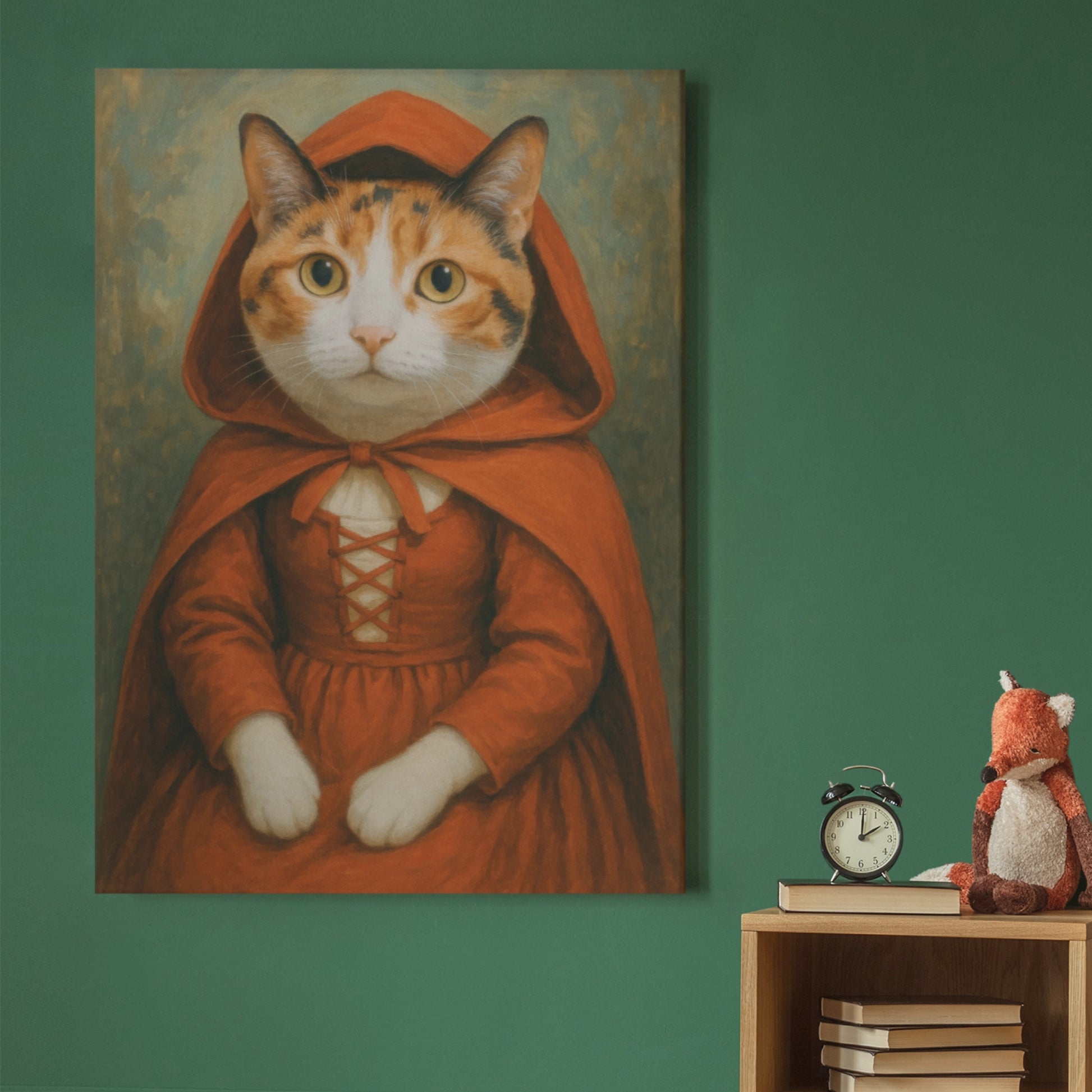 Vintage-style portrait of a cat dressed in a red hooded cloak and lace-up dress, inspired by Little Red Riding Hood. The artwork is displayed on a canvas, elegantly hung on a wall, adding a whimsical fairy-tale charm to the space.
