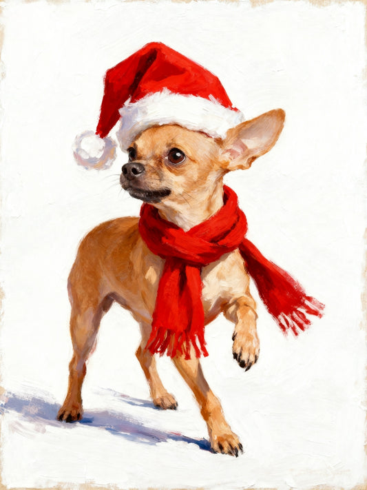 Whimsical Christmas Chihuahua portrait with red Santa hat and scarf on snowy white background.