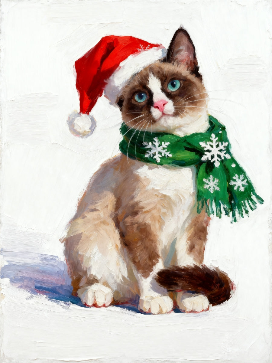 Christmas cat portrait with Santa hat and green snowflake scarf on white winter background.