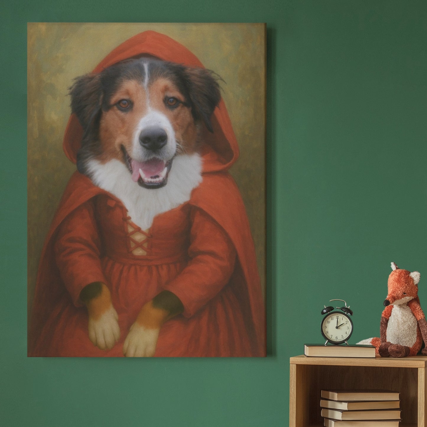Vintage-style portrait of a dog dressed in a red hooded cloak and lace-up dress, inspired by Little Red Riding Hood. The artwork is displayed on a canvas, elegantly hung on a wall, adding a whimsical fairy-tale charm to the space.