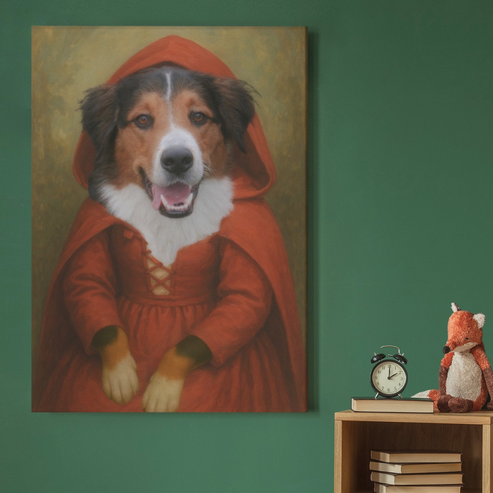 Vintage-style portrait of a dog dressed in a red hooded cloak and lace-up dress, inspired by Little Red Riding Hood. The artwork is displayed on a canvas, elegantly hung on a wall, adding a whimsical fairy-tale charm to the space.