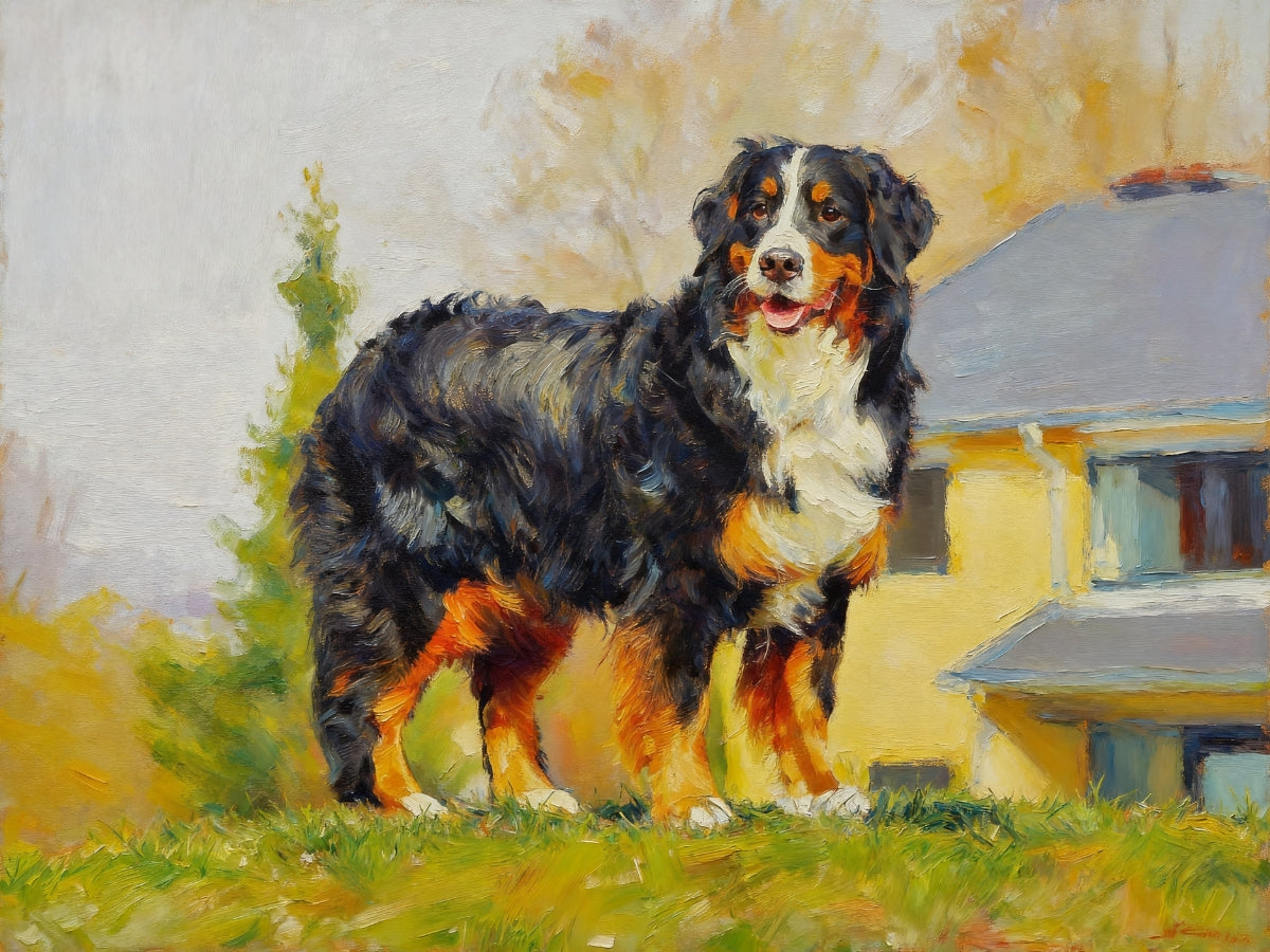 Oil Painting of a Bernese Mountain dog standing outdoors with a house in the background