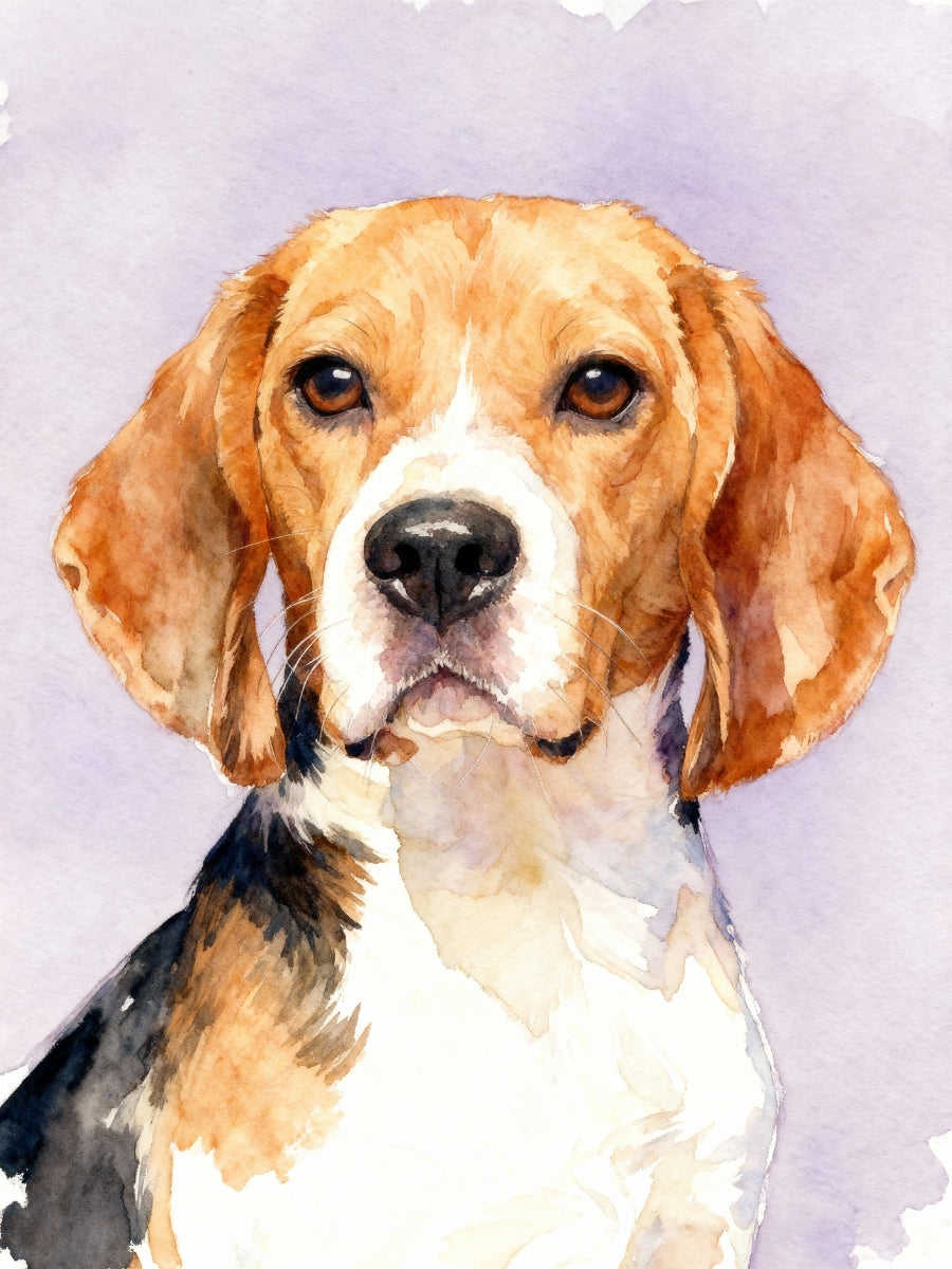 Custom modern pet portrait in watercolor style with solid background, featuring a tri-color Beagle.