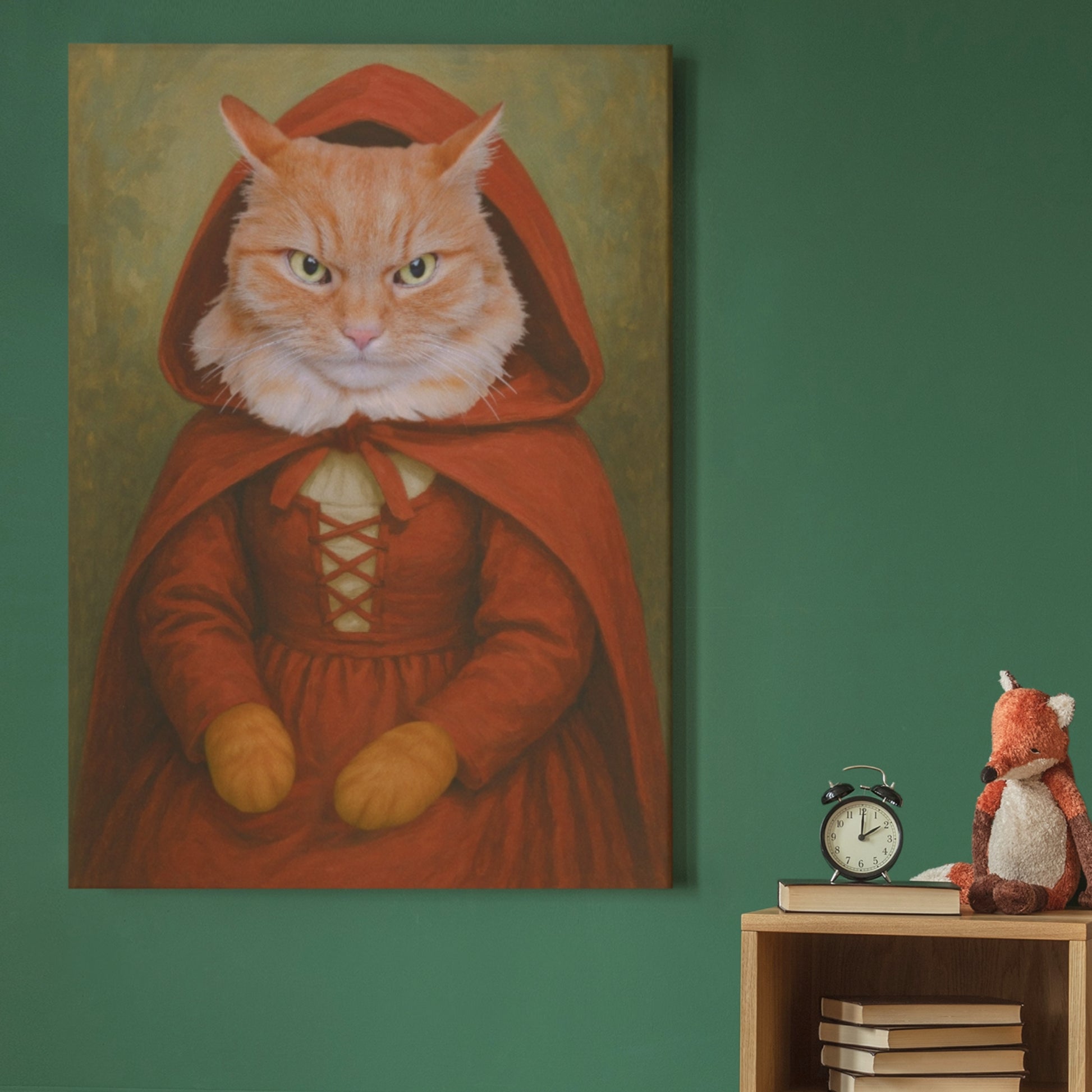 Vintage-style portrait of cat with angry face dressed in a red hooded cloak and lace-up dress, inspired by Little Red Riding Hood. The artwork is displayed on a canvas, elegantly hung on a wall, adding a whimsical fairy-tale charm to the space.