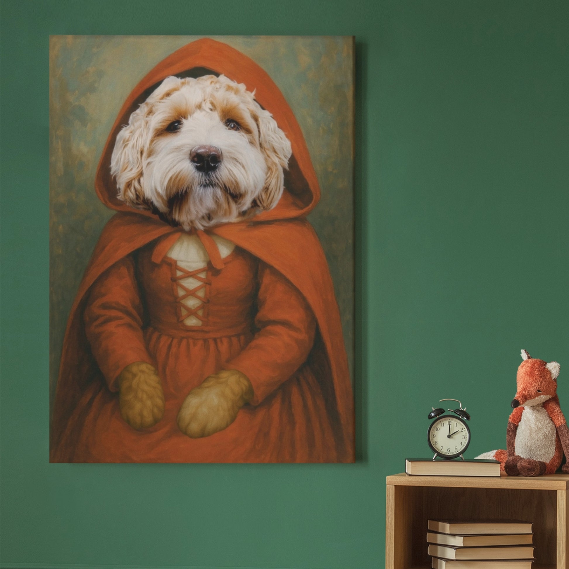 Vintage-style portrait of a cute dog dressed in a red hooded cloak and lace-up dress, inspired by Little Red Riding Hood. The artwork is displayed on a canvas, elegantly hung on a wall, adding a whimsical fairy-tale charm to the space.