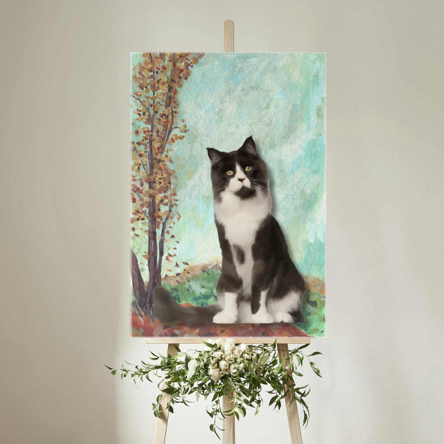 Portrait of a cat against a vivid,  artistic bliss nature-filled background on a vibrant canvas – Mood-Brightening Pet Portrait.