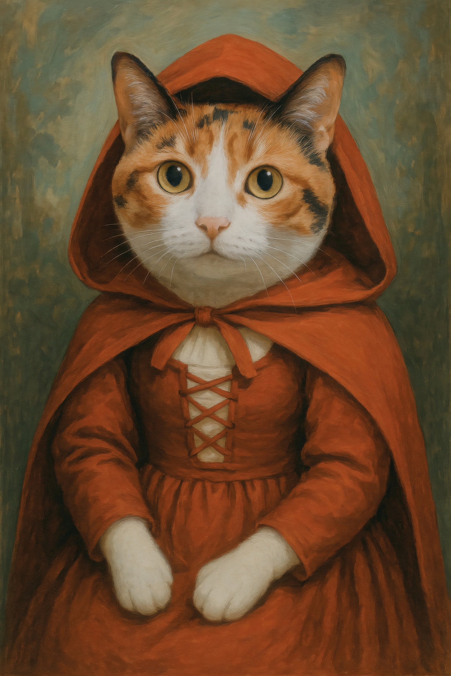 Vintage-style portrait of a cat dressed in a red hooded cloak and lace-up dress, inspired by Little Red Riding Hood. Whimsical and fairy-tale themed artwork.