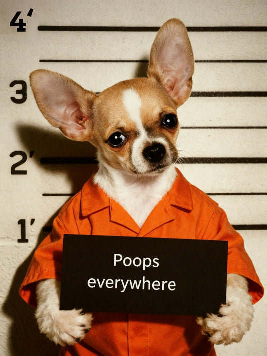 Naughty pet mugshot portrait of a Chihuahua in an orange prison jumpsuit, posing in front of a height chart with a sign that reads “Poops everywhere.”