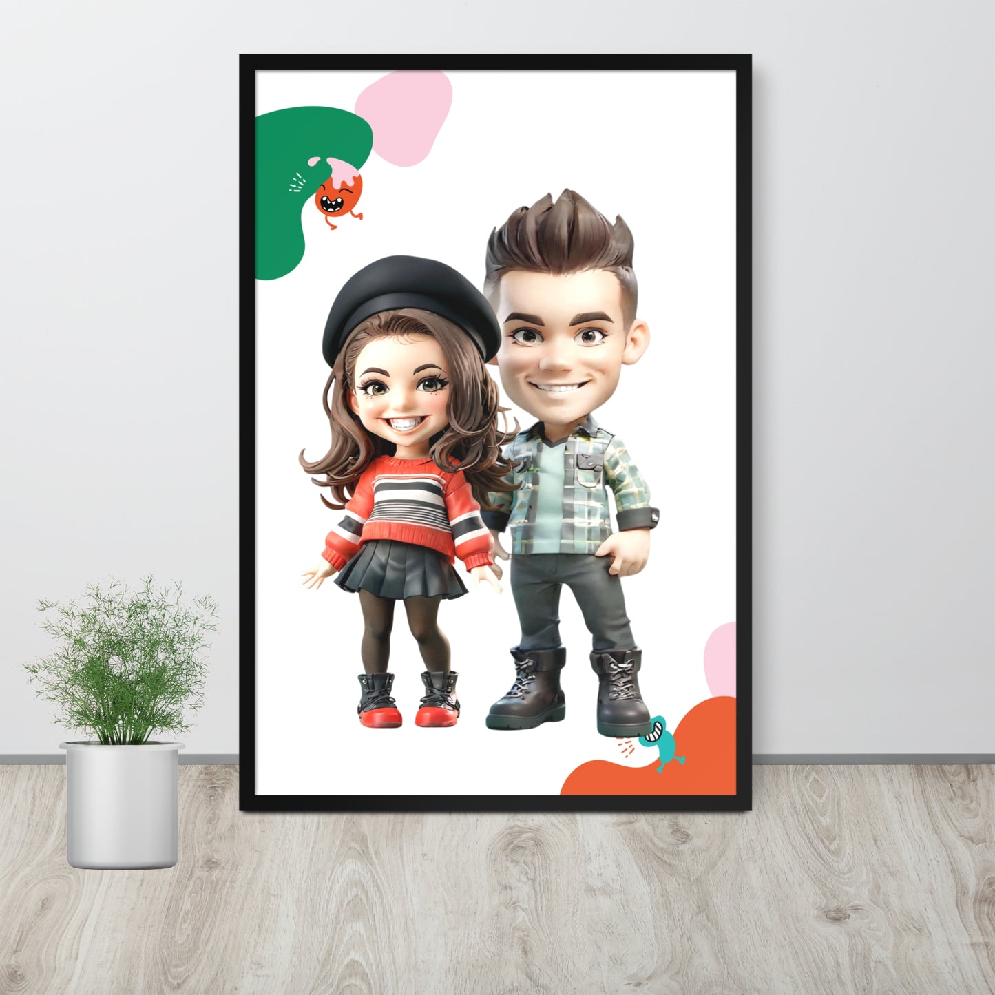 Custom cartoon portrait casual couple on framed poster