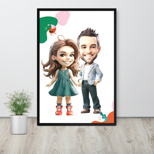 Custom cartoon portrait featuring chic couple on framed poster