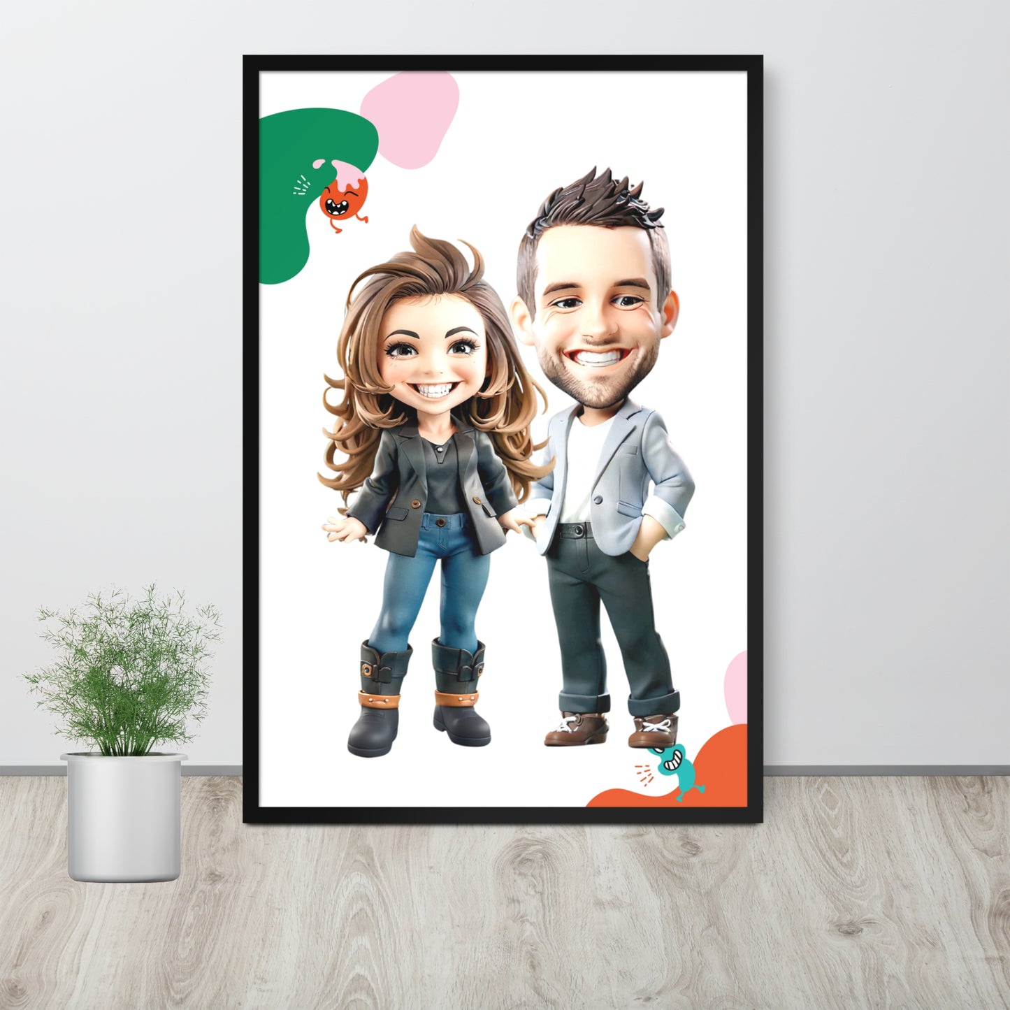 Custom cartoon portrait cool couples on framed poster.