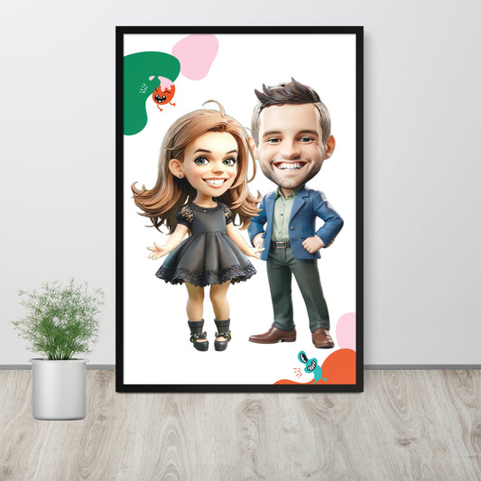 Custom cartoon portrait dark dress couple on framed poster