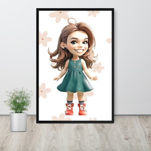 Custom portraits in cartoon style with stylish outfits on framed poster.