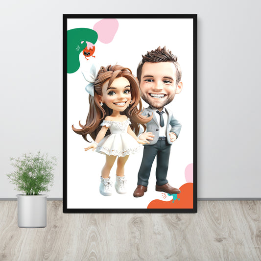 Custom cartoon portrait featuring a glamor couple on framed poster