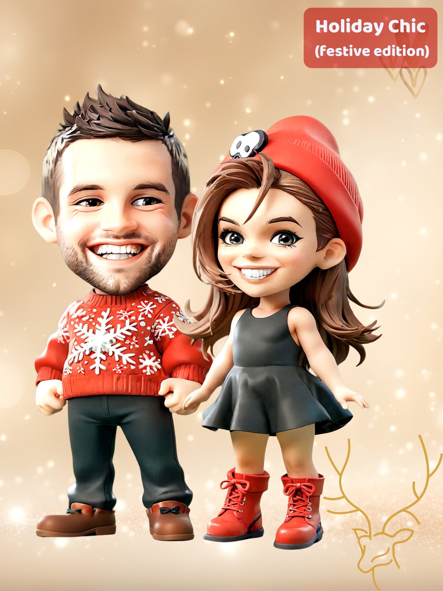 Custom cartoon portraits featuring couples in holiday chic outfits, digital version