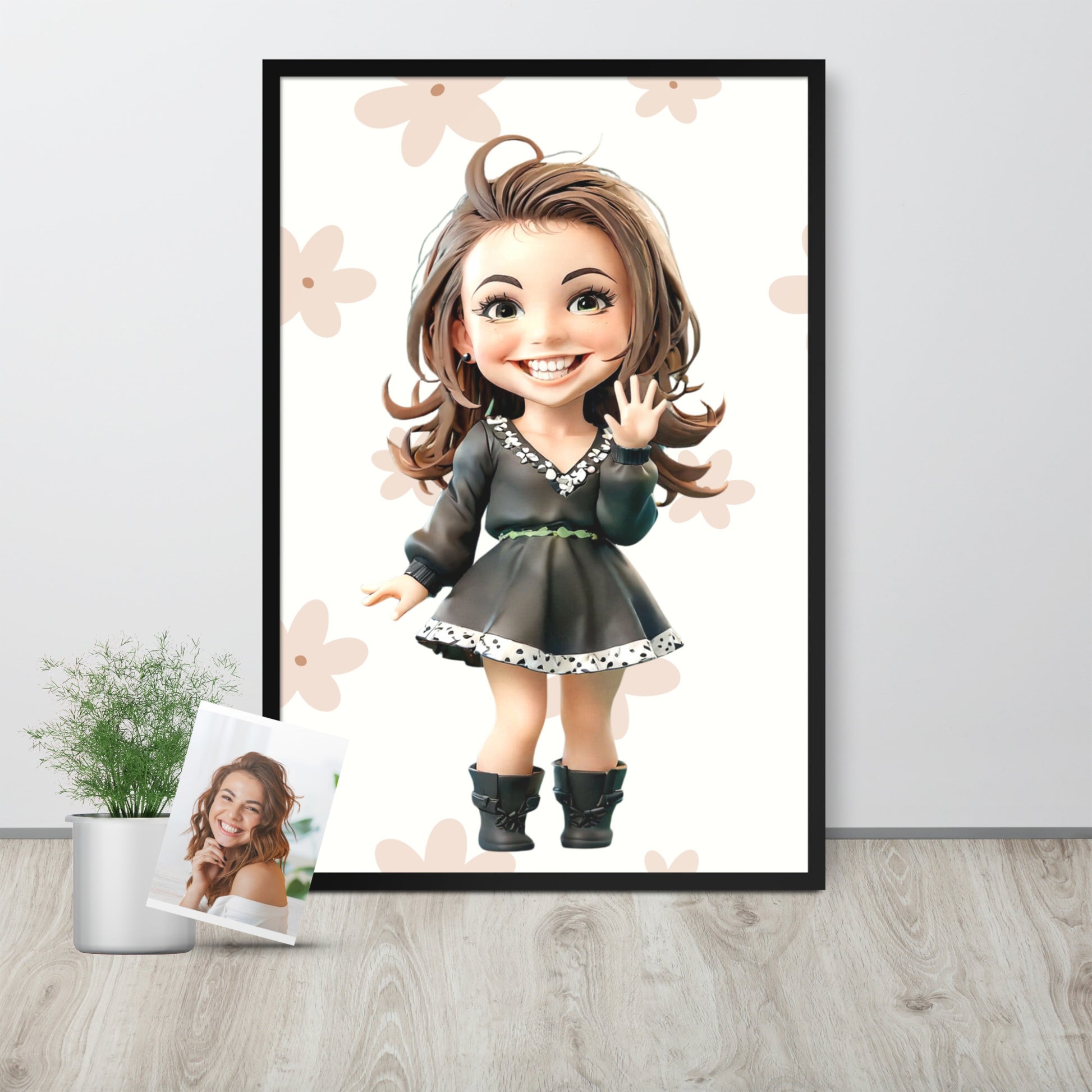 Custom portraits in cartoon style, featuring a chic woman and displayed alongside the original picture.