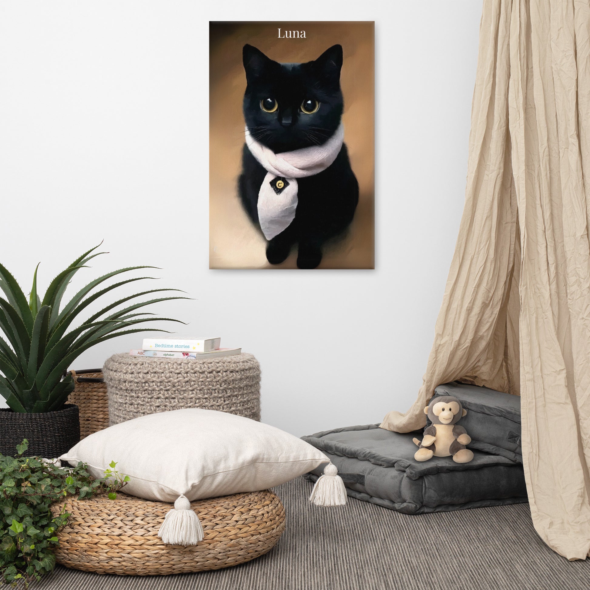 Custom cat portrait featuring a Black Cat on Canvas, displayed on a wall in a modern living room.