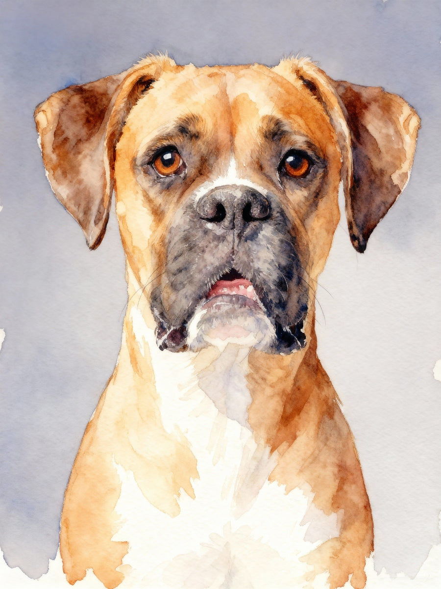Custom modern pet portrait in watercolor style with solid background, featuring a Boxer dog.