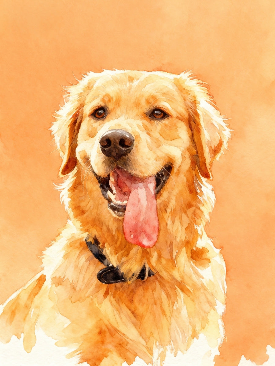 Custom modern pet portrait in watercolor style with solid background, featuring a joyful Golden Retriever.