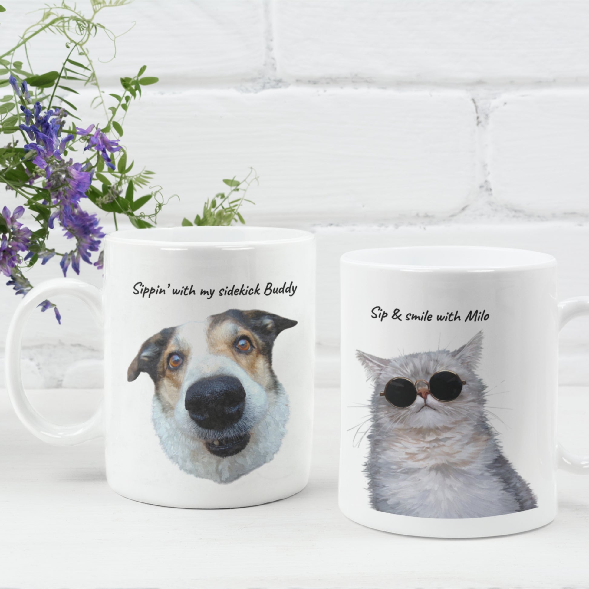 Custom pet mugs with dog portraits and cat portraits