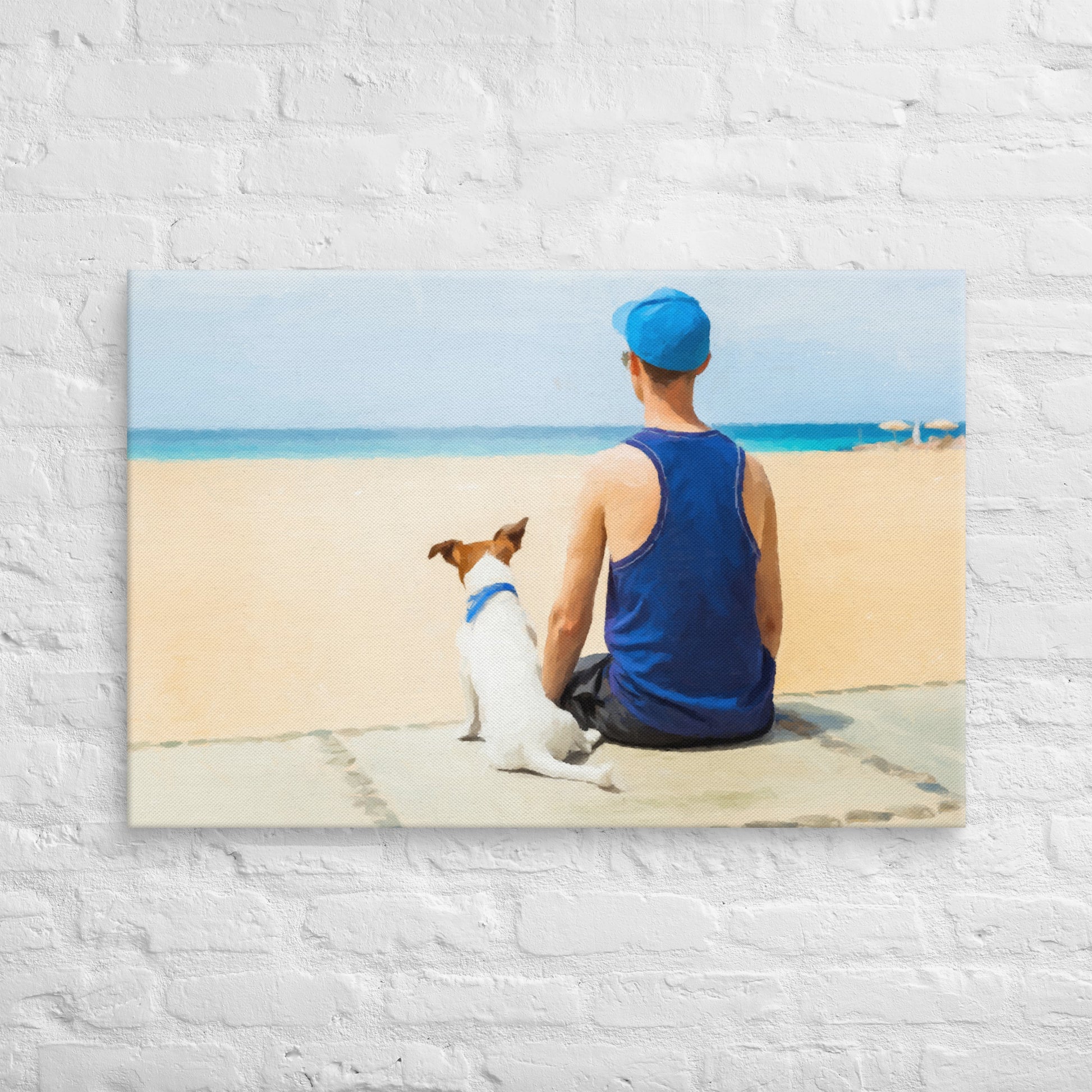 Custom pet and owner portrait featuring a man and his dog on beach, on a canvas