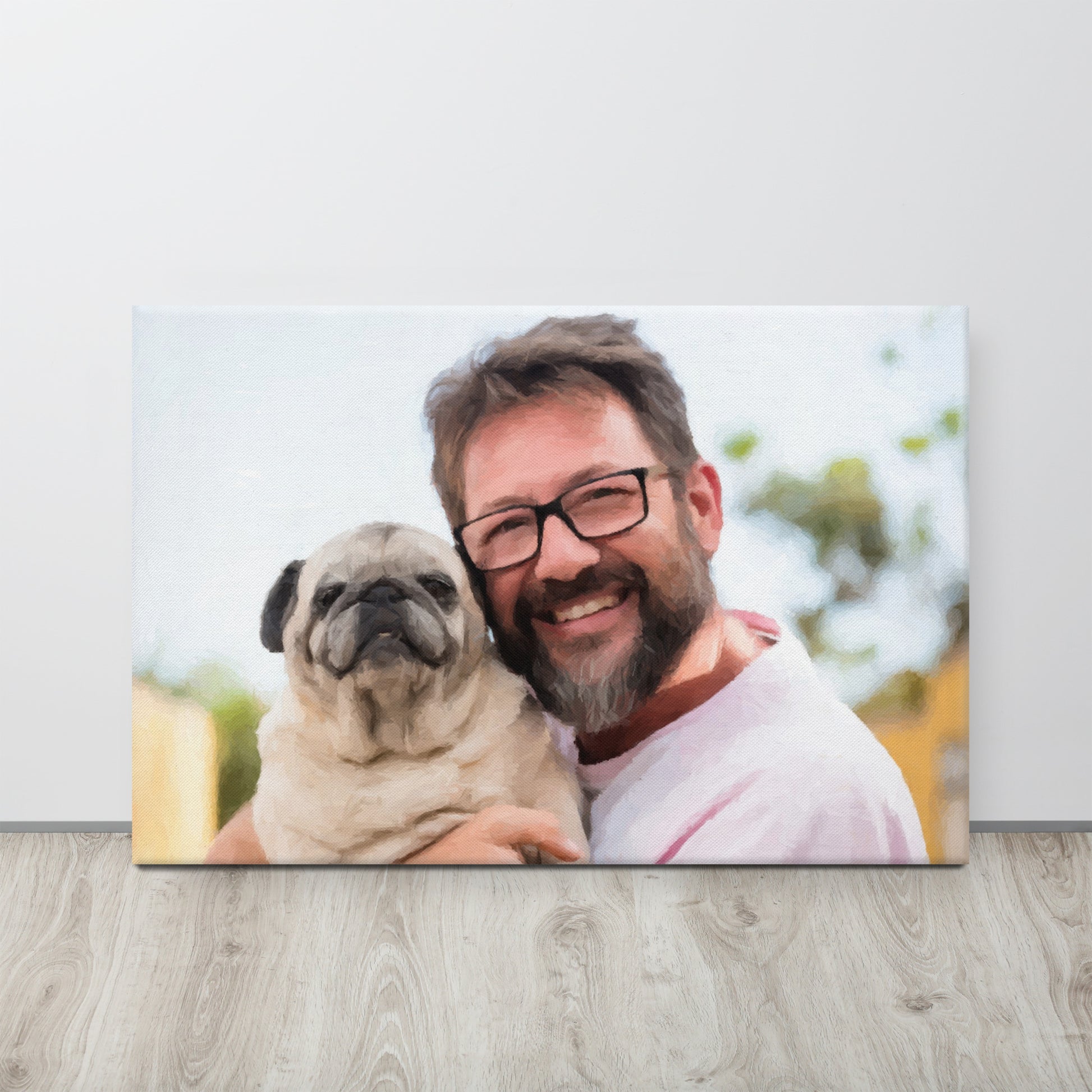 Custom pet and owner portrait featuring a man holding  his dog on a canvas
