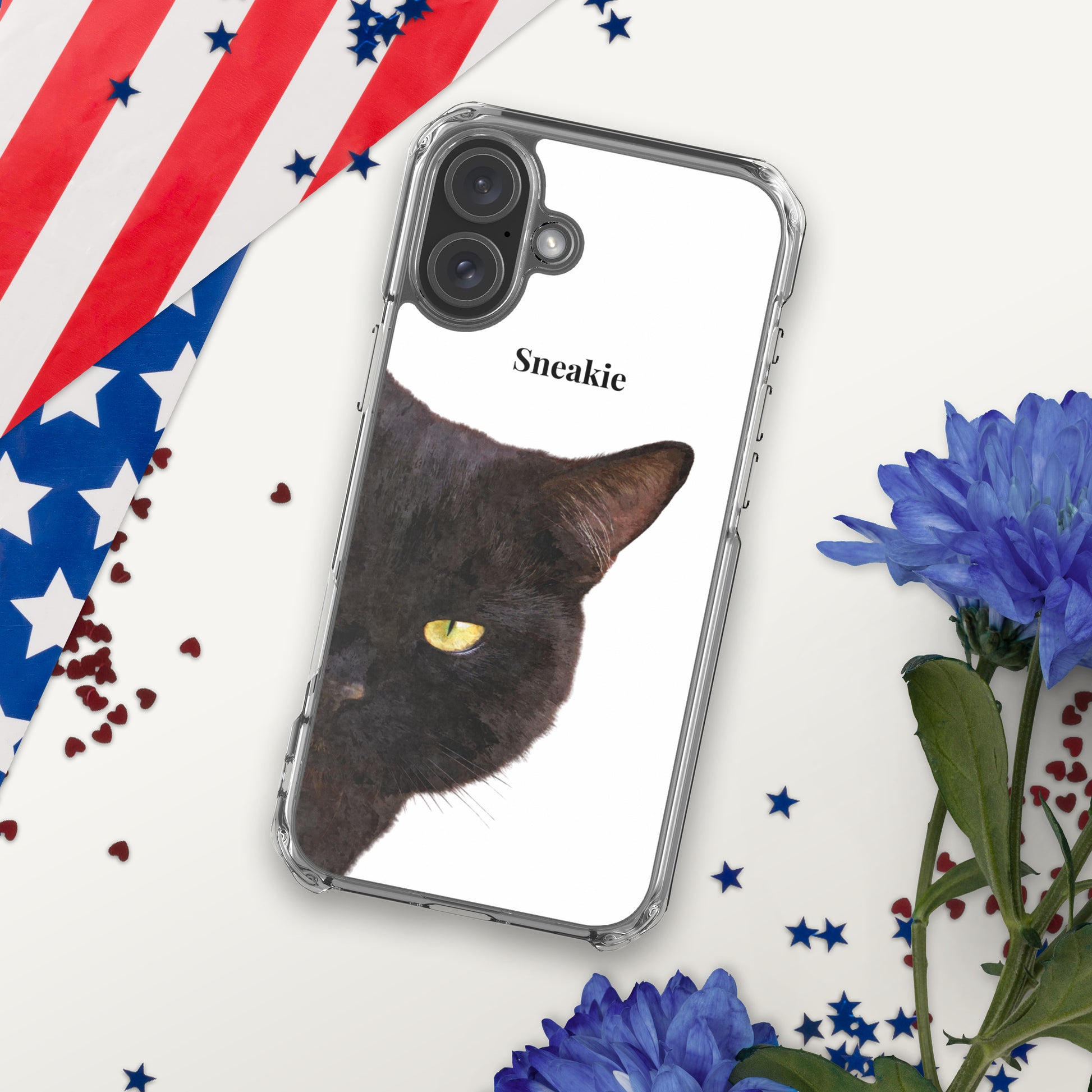 Custom pet phone case - iPhone Clear case featuring a black cat on a table