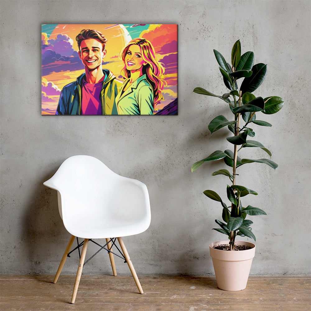 Custom pop art portrait featuring a happy couple on  canvas displayed on a wall