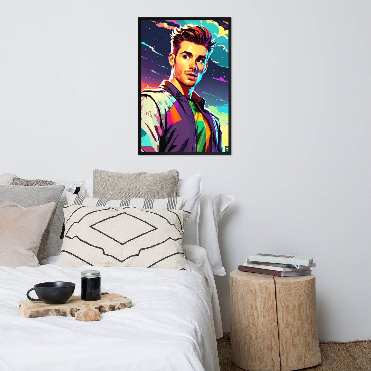 Custom portraits in vibrant pop art style with a comic twist, featuring a man on framed poster displayed on wall.