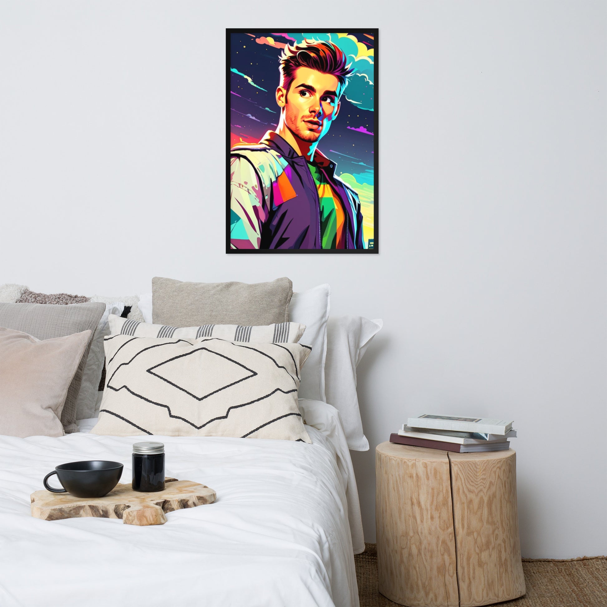 Custom portraits in vibrant pop art style with a comic twist, featuring a man on framed poster displayed on wall.